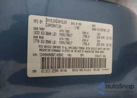 2006 Dodge Durango Slt из США, поврежденный, VIN 1D4HB48N96F149942